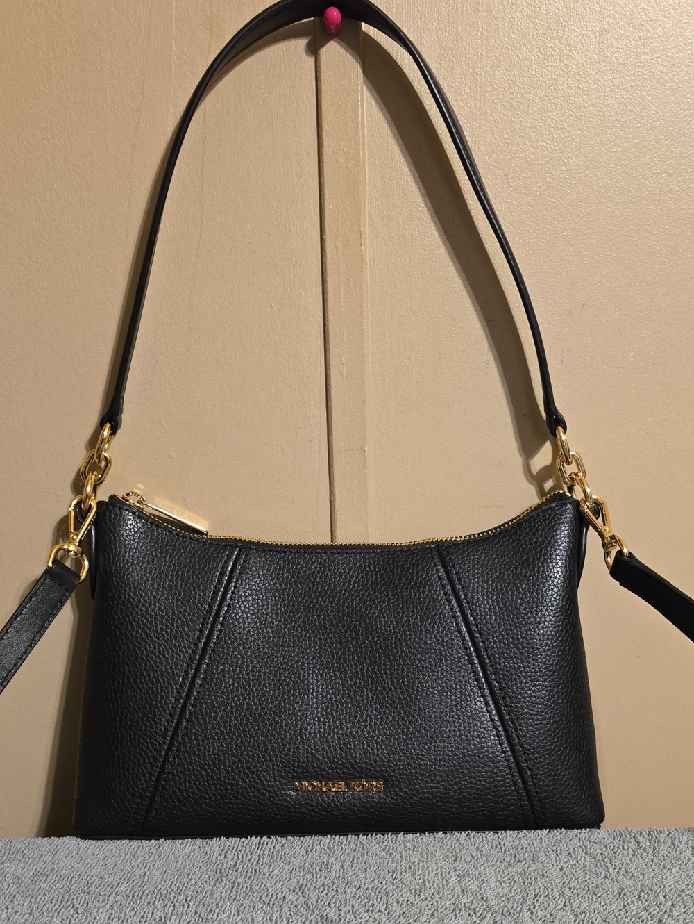 Michael Kors Black Pebbled Leather Shoulder Bag with Gold Hardware
